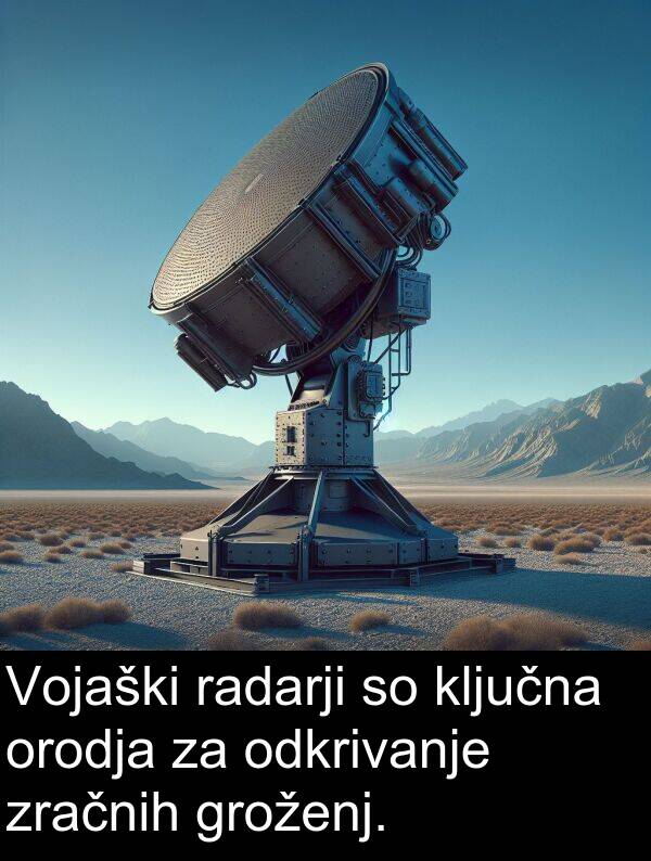 radarji: Vojaški radarji so ključna orodja za odkrivanje zračnih groženj.