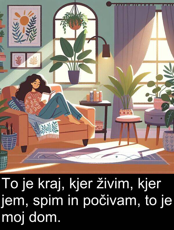 živim: To je kraj, kjer živim, kjer jem, spim in počivam, to je moj dom.