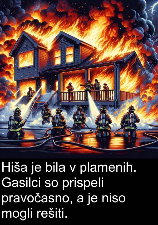 plamenih: Hiša je bila v plamenih. Gasilci so prispeli pravočasno, a je niso mogli rešiti.