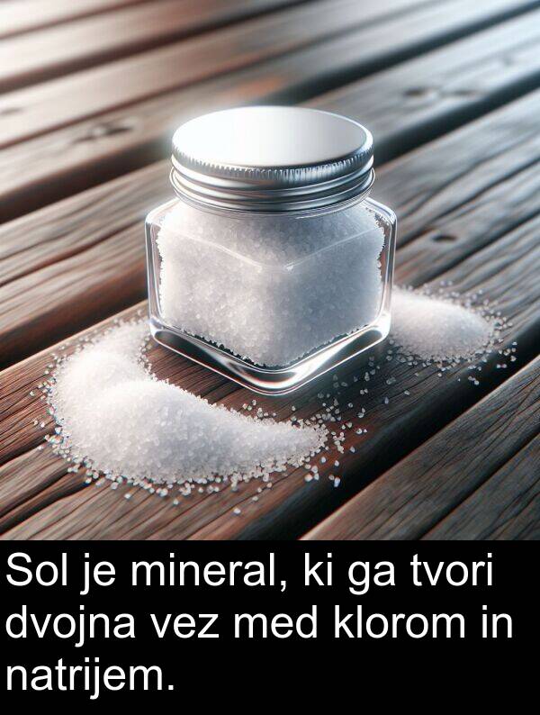 klorom: Sol je mineral, ki ga tvori dvojna vez med klorom in natrijem.