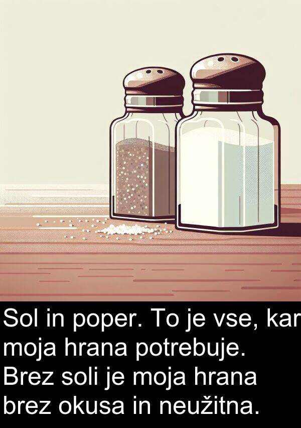 moja: Sol in poper. To je vse, kar moja hrana potrebuje. Brez soli je moja hrana brez okusa in neužitna.