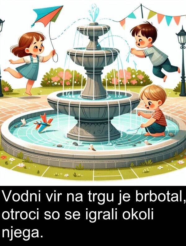 otroci: Vodni vir na trgu je brbotal, otroci so se igrali okoli njega.
