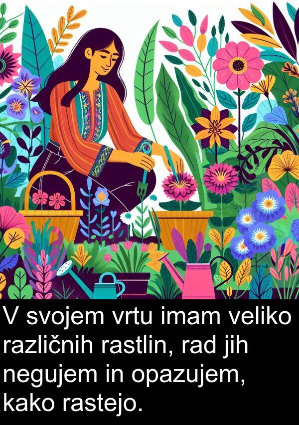 kako: V svojem vrtu imam veliko različnih rastlin, rad jih negujem in opazujem, kako rastejo.