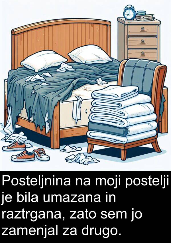 moji: Posteljnina na moji postelji je bila umazana in raztrgana, zato sem jo zamenjal za drugo.