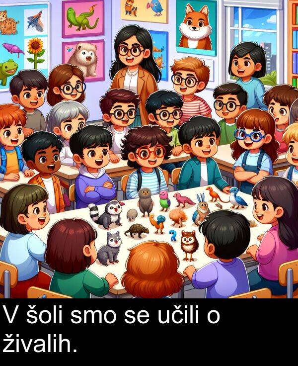 živalih: V šoli smo se učili o živalih.