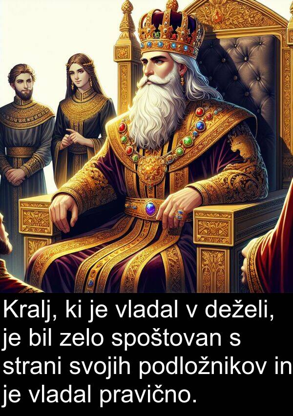 spoštovan: Kralj, ki je vladal v deželi, je bil zelo spoštovan s strani svojih podložnikov in je vladal pravično.