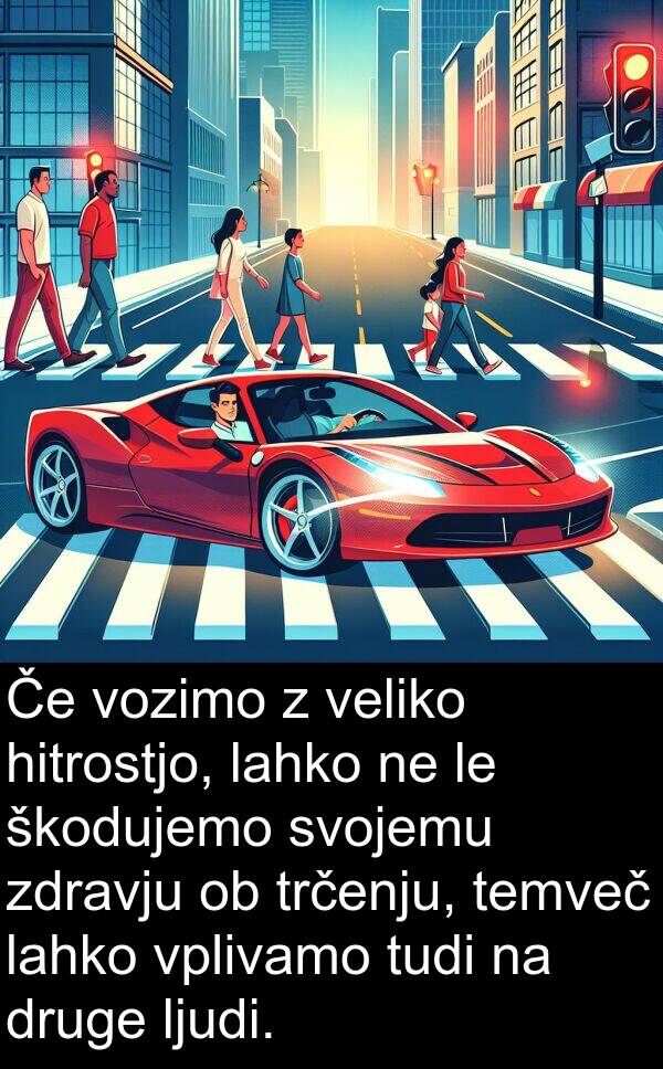 hitrostjo: Če vozimo z veliko hitrostjo, lahko ne le škodujemo svojemu zdravju ob trčenju, temveč lahko vplivamo tudi na druge ljudi.