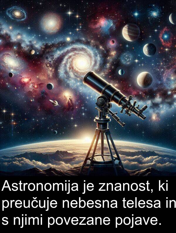 nebesna: Astronomija je znanost, ki preučuje nebesna telesa in s njimi povezane pojave.