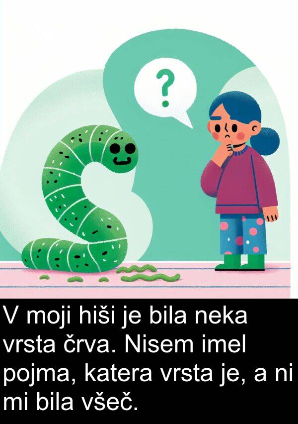 hiši: V moji hiši je bila neka vrsta črva. Nisem imel pojma, katera vrsta je, a ni mi bila všeč.