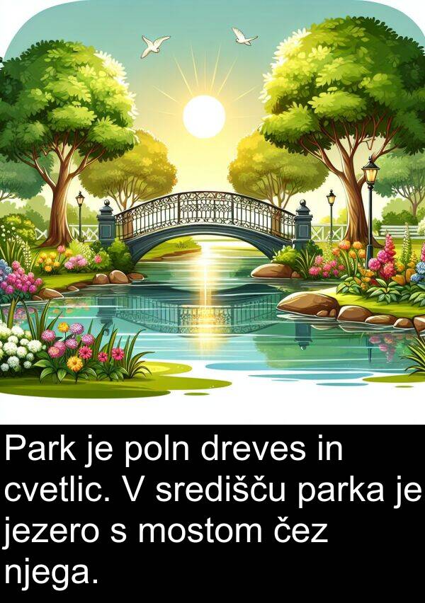 parka: Park je poln dreves in cvetlic. V središču parka je jezero s mostom čez njega.