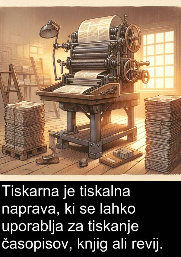 naprava: Tiskarna je tiskalna naprava, ki se lahko uporablja za tiskanje časopisov, knjig ali revij.