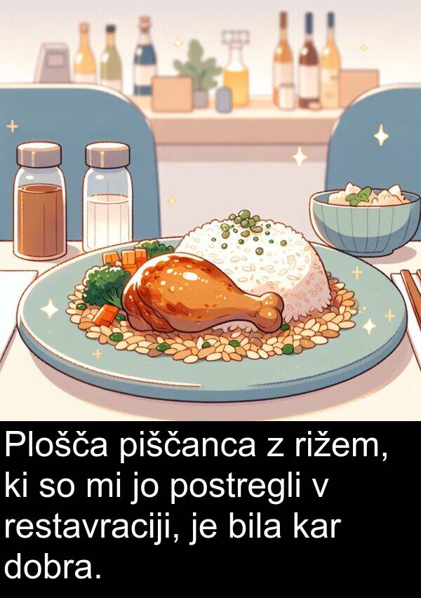 kar: Plošča piščanca z rižem, ki so mi jo postregli v restavraciji, je bila kar dobra.