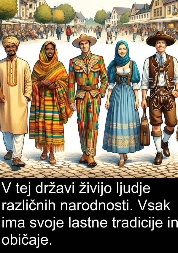 lastne: V tej državi živijo ljudje različnih narodnosti. Vsak ima svoje lastne tradicije in običaje.