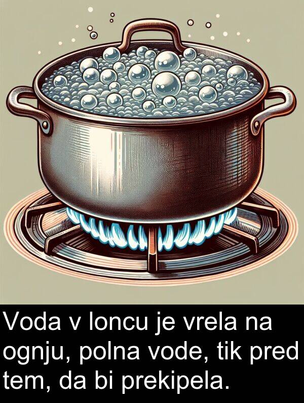 polna: Voda v loncu je vrela na ognju, polna vode, tik pred tem, da bi prekipela.