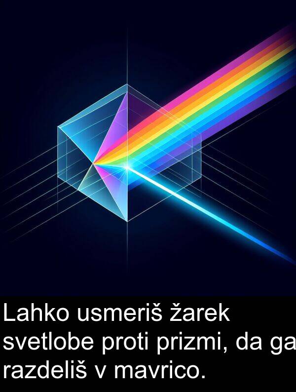 žarek: Lahko usmeriš žarek svetlobe proti prizmi, da ga razdeliš v mavrico.