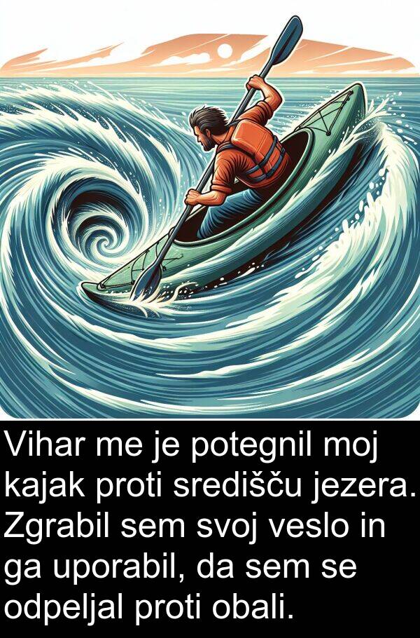 kajak: Vihar me je potegnil moj kajak proti središču jezera. Zgrabil sem svoj veslo in ga uporabil, da sem se odpeljal proti obali.