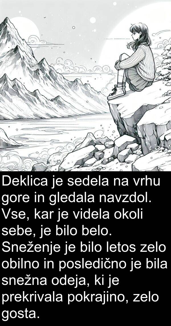 sedela: Deklica je sedela na vrhu gore in gledala navzdol. Vse, kar je videla okoli sebe, je bilo belo. Sneženje je bilo letos zelo obilno in posledično je bila snežna odeja, ki je prekrivala pokrajino, zelo gosta.