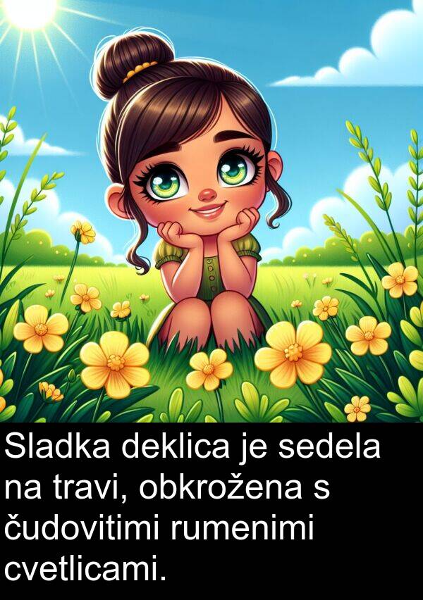 obkrožena: Sladka deklica je sedela na travi, obkrožena s čudovitimi rumenimi cvetlicami.