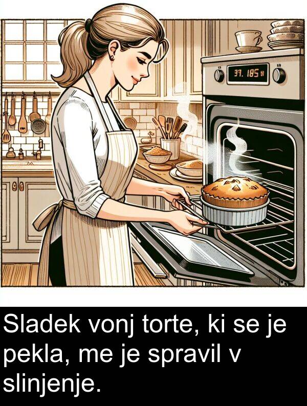 slinjenje: Sladek vonj torte, ki se je pekla, me je spravil v slinjenje.