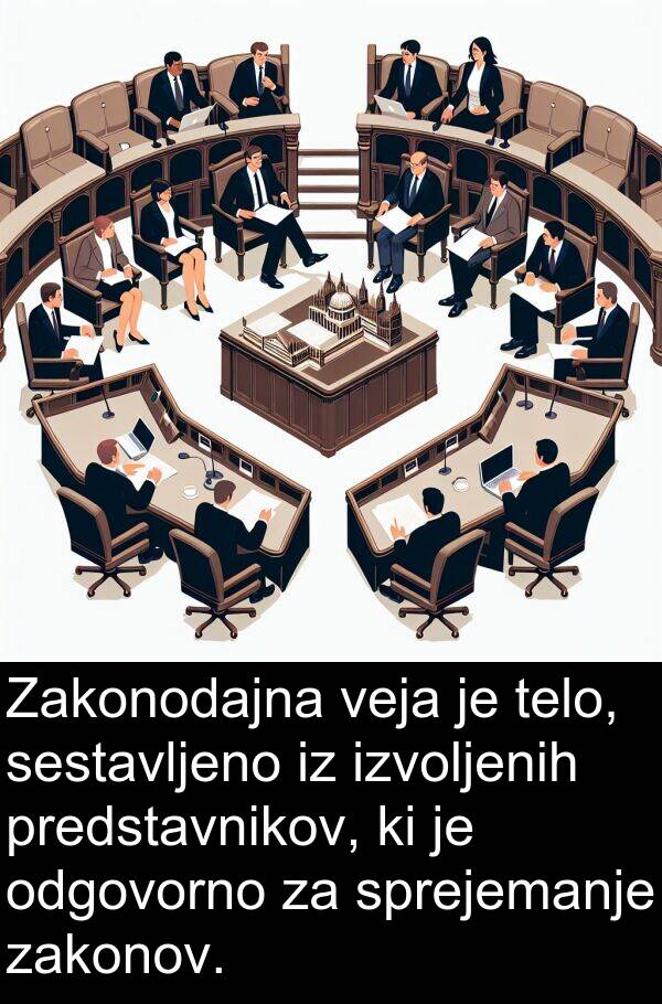 sprejemanje: Zakonodajna veja je telo, sestavljeno iz izvoljenih predstavnikov, ki je odgovorno za sprejemanje zakonov.