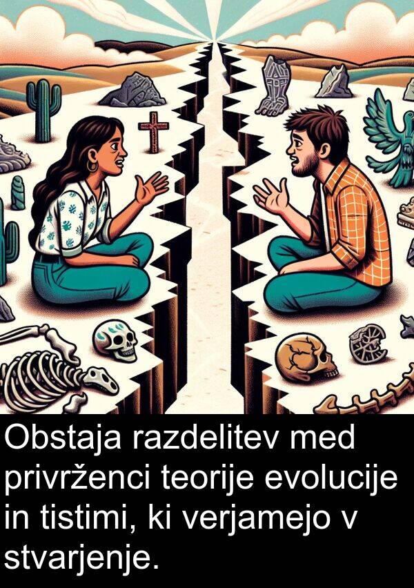 privrženci: Obstaja razdelitev med privrženci teorije evolucije in tistimi, ki verjamejo v stvarjenje.