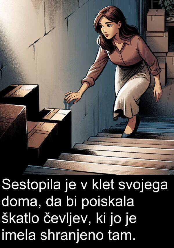 škatlo: Sestopila je v klet svojega doma, da bi poiskala škatlo čevljev, ki jo je imela shranjeno tam.