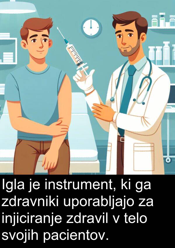 pacientov: Igla je instrument, ki ga zdravniki uporabljajo za injiciranje zdravil v telo svojih pacientov.