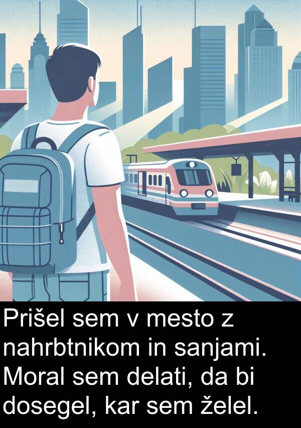sanjami: Prišel sem v mesto z nahrbtnikom in sanjami. Moral sem delati, da bi dosegel, kar sem želel.