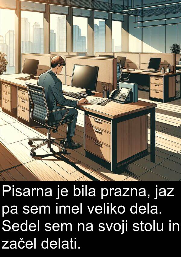 dela: Pisarna je bila prazna, jaz pa sem imel veliko dela. Sedel sem na svoji stolu in začel delati.