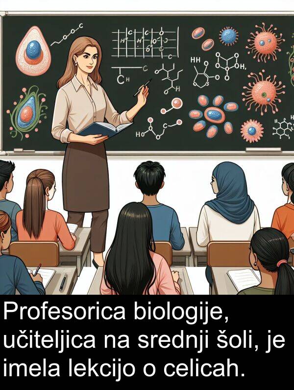 lekcijo: Profesorica biologije, učiteljica na srednji šoli, je imela lekcijo o celicah.