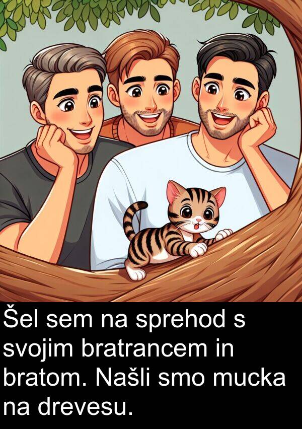 bratrancem: Šel sem na sprehod s svojim bratrancem in bratom. Našli smo mucka na drevesu.