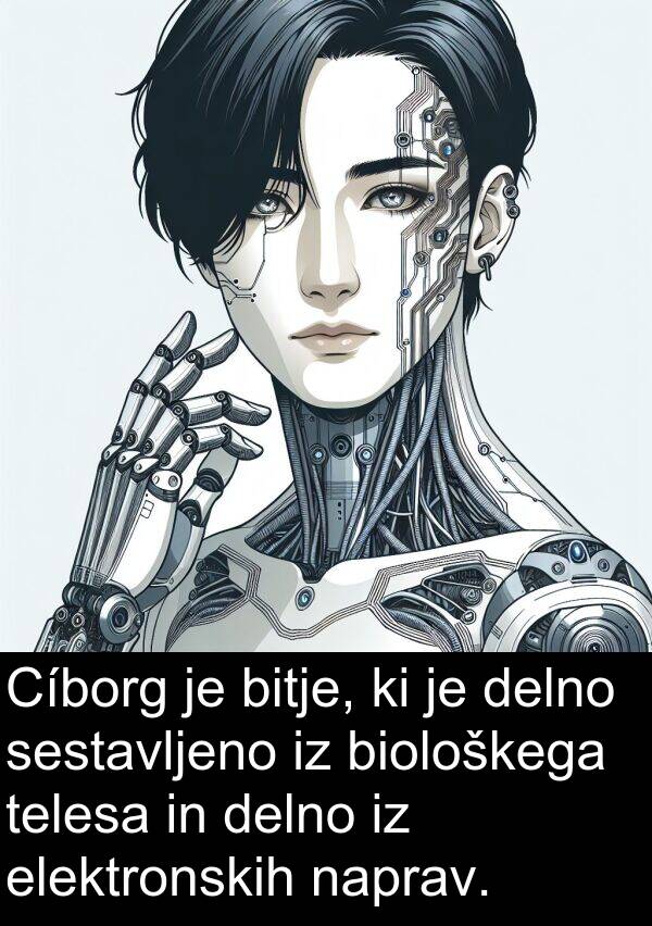 biološkega: Cíborg je bitje, ki je delno sestavljeno iz biološkega telesa in delno iz elektronskih naprav.