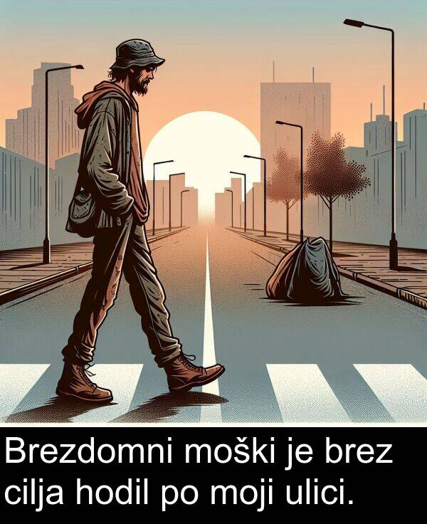 cilja: Brezdomni moški je brez cilja hodil po moji ulici.