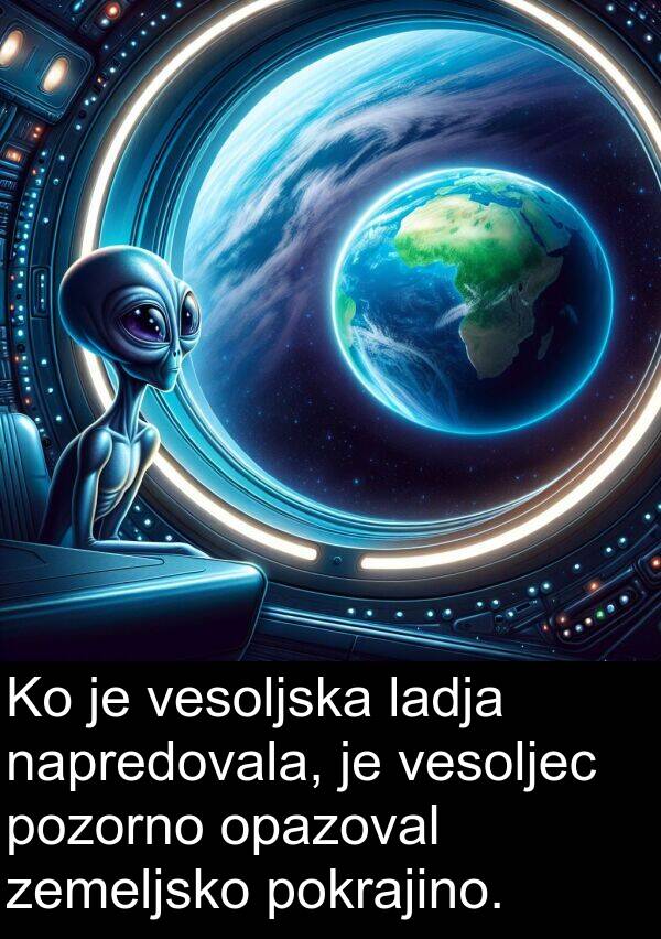 ladja: Ko je vesoljska ladja napredovala, je vesoljec pozorno opazoval zemeljsko pokrajino.