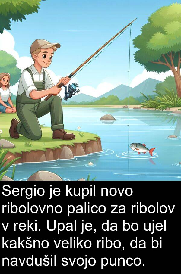 kakšno: Sergio je kupil novo ribolovno palico za ribolov v reki. Upal je, da bo ujel kakšno veliko ribo, da bi navdušil svojo punco.