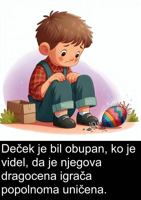obupan: Deček je bil obupan, ko je videl, da je njegova dragocena igrača popolnoma uničena.