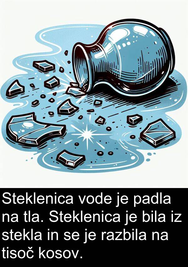 razbila: Steklenica vode je padla na tla. Steklenica je bila iz stekla in se je razbila na tisoč kosov.