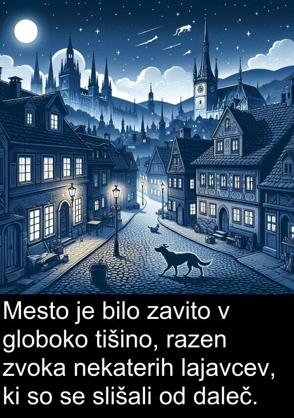 lajavcev: Mesto je bilo zavito v globoko tišino, razen zvoka nekaterih lajavcev, ki so se slišali od daleč.