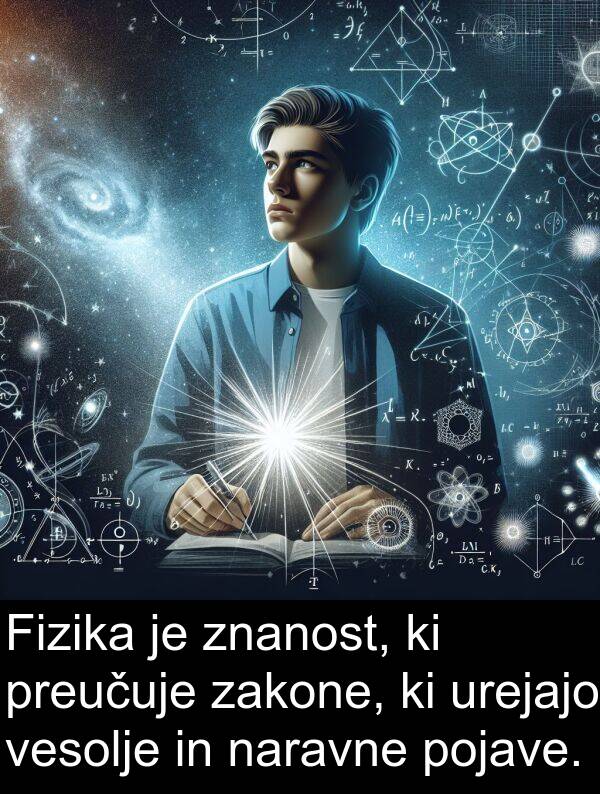naravne: Fizika je znanost, ki preučuje zakone, ki urejajo vesolje in naravne pojave.