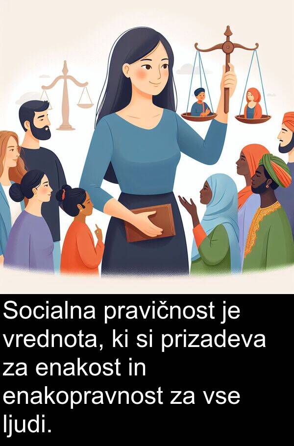 prizadeva: Socialna pravičnost je vrednota, ki si prizadeva za enakost in enakopravnost za vse ljudi.