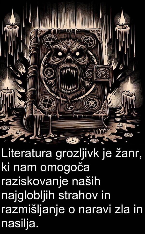 žanr: Literatura grozljivk je žanr, ki nam omogoča raziskovanje naših najglobljih strahov in razmišljanje o naravi zla in nasilja.