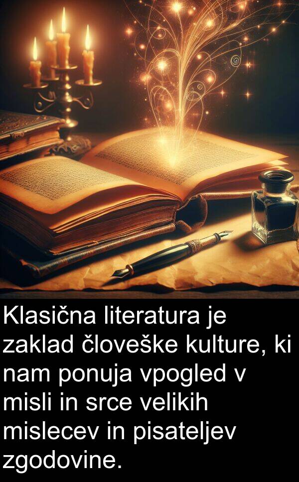 srce: Klasična literatura je zaklad človeške kulture, ki nam ponuja vpogled v misli in srce velikih mislecev in pisateljev zgodovine.