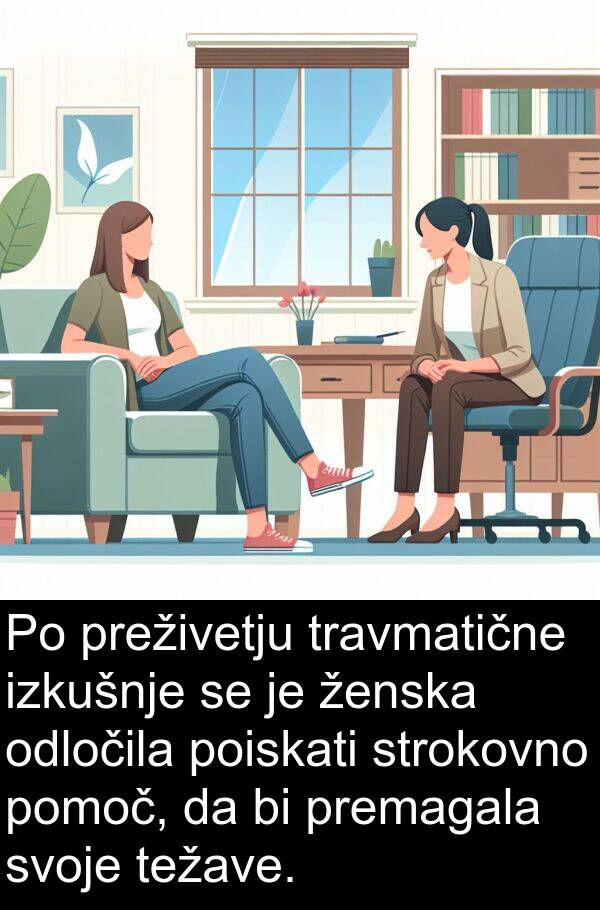 ženska: Po preživetju travmatične izkušnje se je ženska odločila poiskati strokovno pomoč, da bi premagala svoje težave.