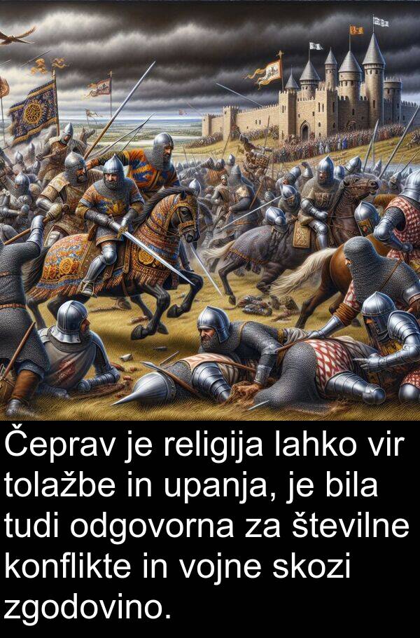 religija: Čeprav je religija lahko vir tolažbe in upanja, je bila tudi odgovorna za številne konflikte in vojne skozi zgodovino.
