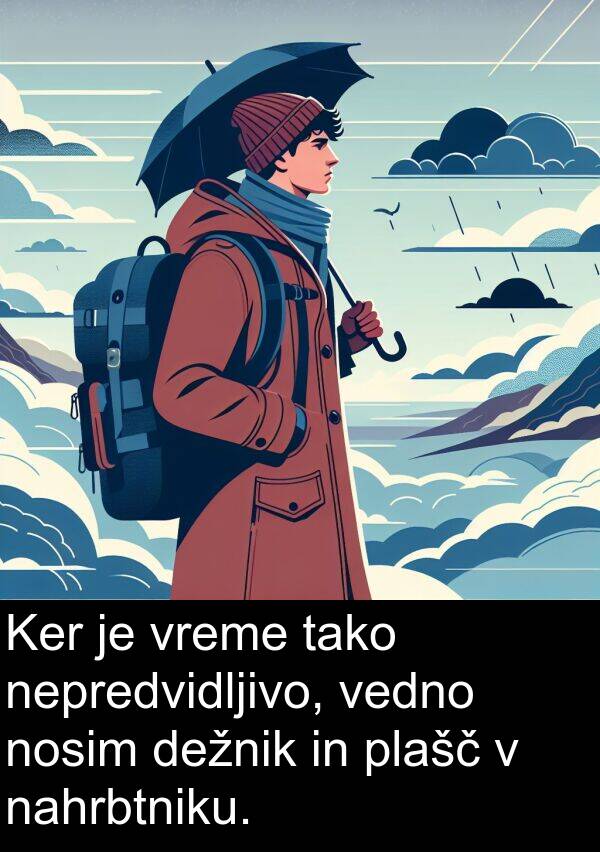 plašč: Ker je vreme tako nepredvidljivo, vedno nosim dežnik in plašč v nahrbtniku.