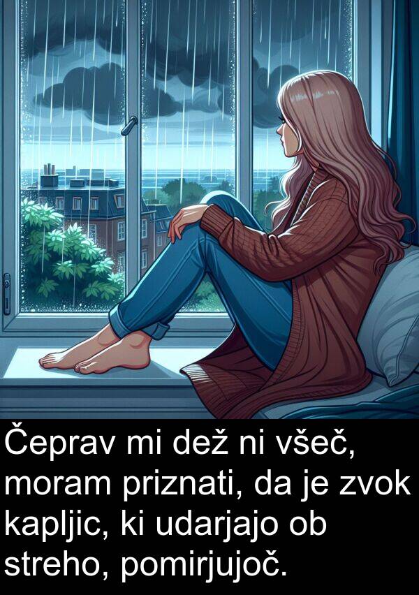 moram: Čeprav mi dež ni všeč, moram priznati, da je zvok kapljic, ki udarjajo ob streho, pomirjujoč.
