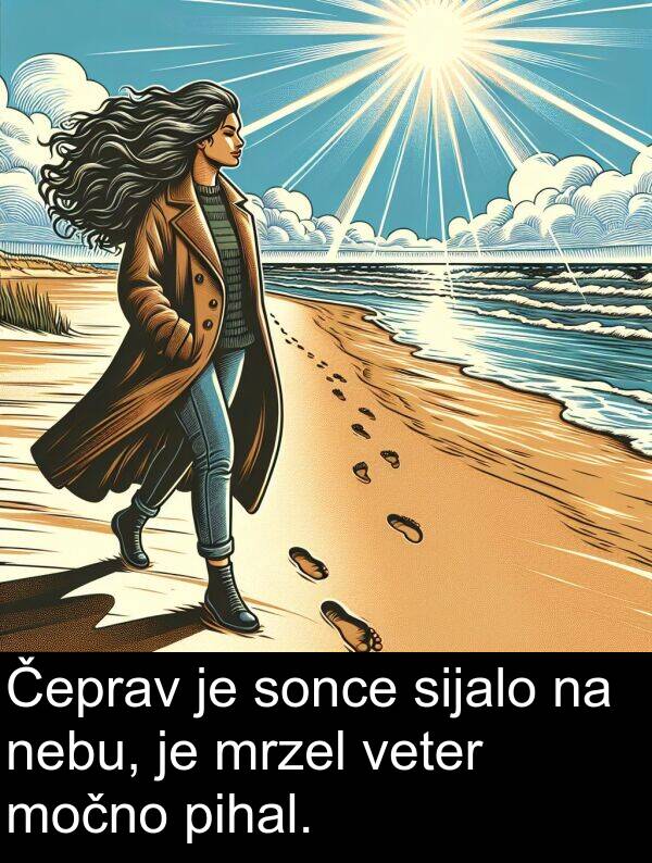 sijalo: Čeprav je sonce sijalo na nebu, je mrzel veter močno pihal.