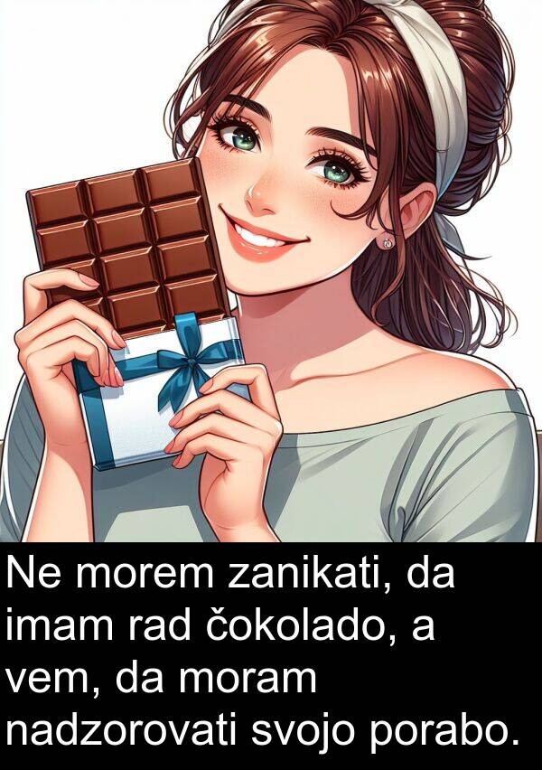 nadzorovati: Ne morem zanikati, da imam rad čokolado, a vem, da moram nadzorovati svojo porabo.