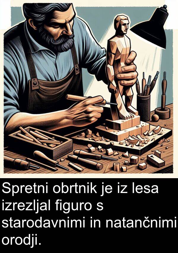 figuro: Spretni obrtnik je iz lesa izrezljal figuro s starodavnimi in natančnimi orodji.