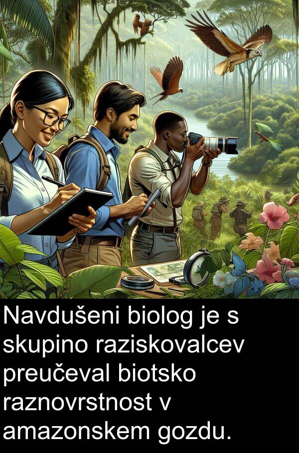 skupino: Navdušeni biolog je s skupino raziskovalcev preučeval biotsko raznovrstnost v amazonskem gozdu.